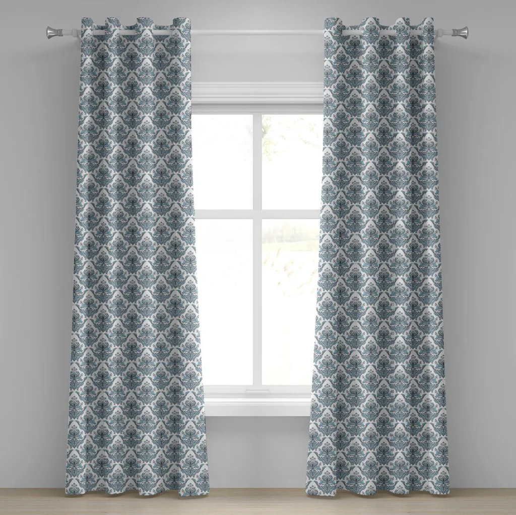 Rideau d'hiver motif damas floral en tissu épais gris et bleu clair