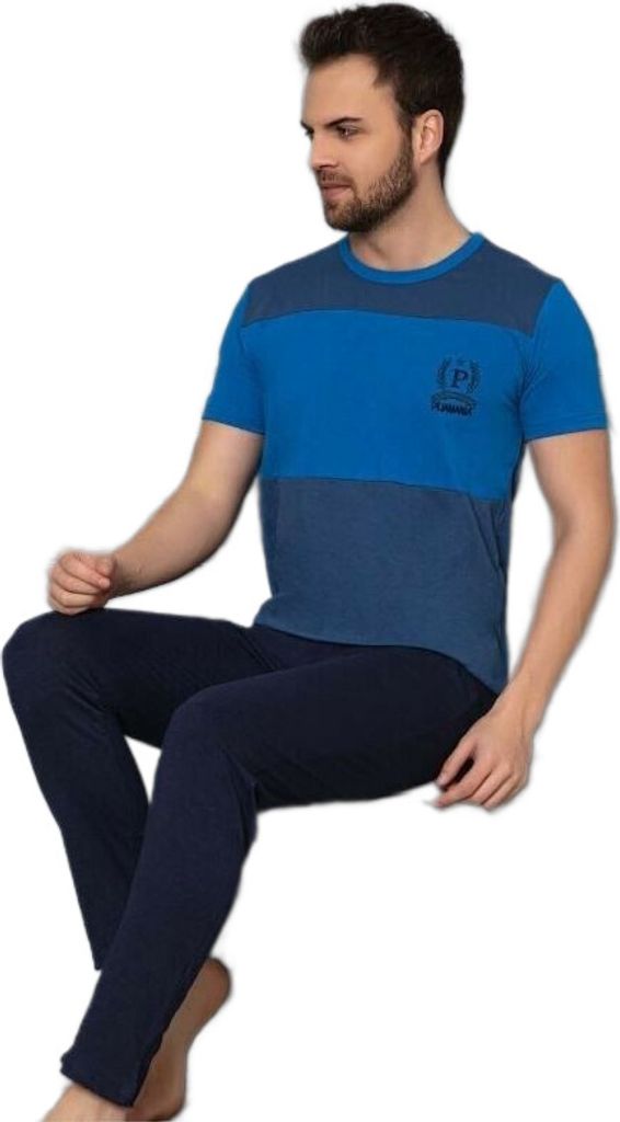 Herren Pyjama Schlafanzug Blau XL Baumwolle Kurz 2-Teiler Set C-33