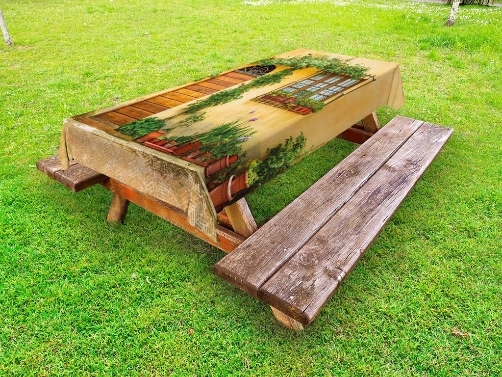 ABAKUHAUS Italien Tischdecke Outdoor, Veranda mit verschiedenen Blumen Töpfe frische grüne Pflanzen Stadtleben in der Toskana, Aprikose Grün Bra...