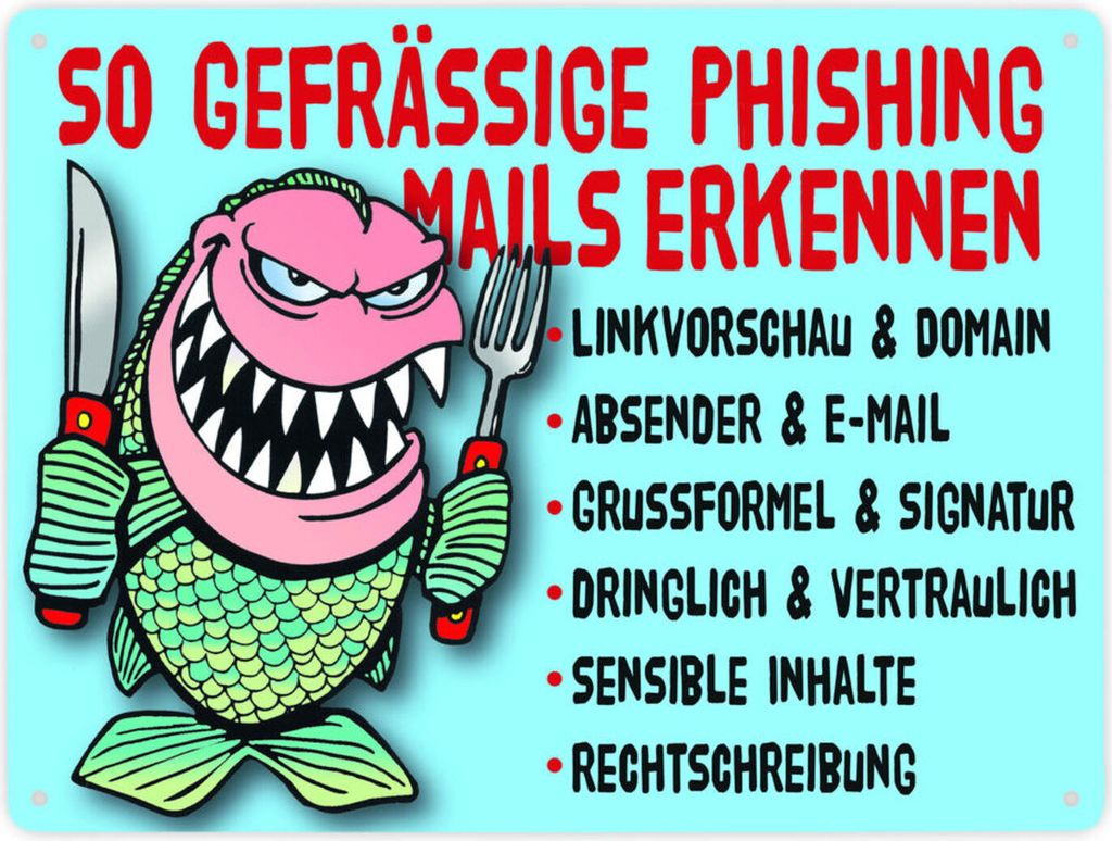 Phishing Mails Metallschild XXL in 28x38 cm in blau zum Thema Phishing Mails