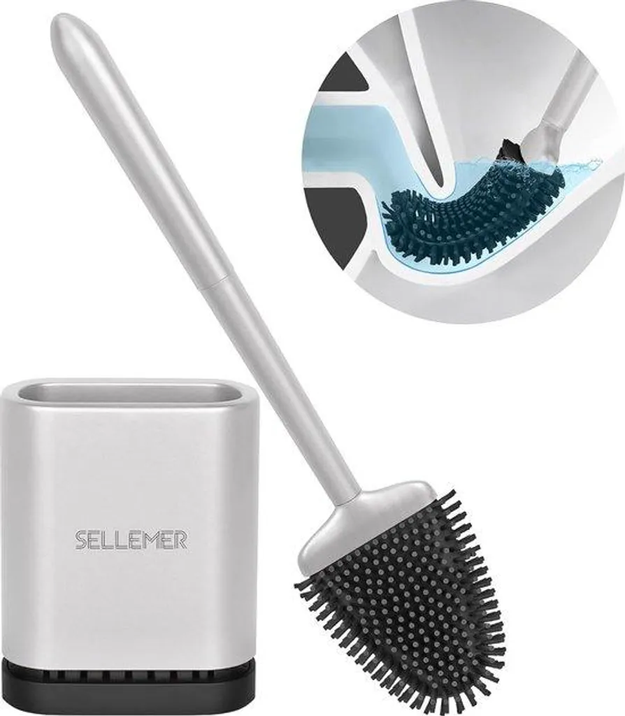 Brosse de toilettes en silicone flexible argentée avec fixation murale