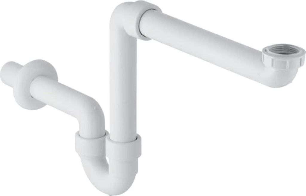 A white plastic sink trap assembly, also known as a P-trap or bottle trap, is shown against a white background.