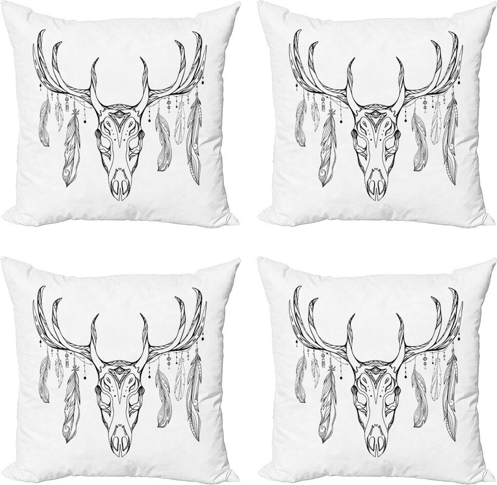 ABAKUHAUS Geweih Kissenbezug Set (4 Stück), Schädel mit Geweih Feder, Moderner Doppelseitiger Digitaldruck, 40 cm x 40 cm, Charcoal Grau Weiß