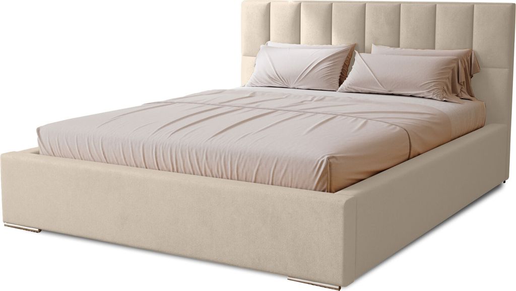 Polsterbett Dream 180x200 cm, Bett mit Kopfteil, Doppelbett mit Bettkasten, Lattenrost und Matratze aus Holz, Velourstoff: Beige