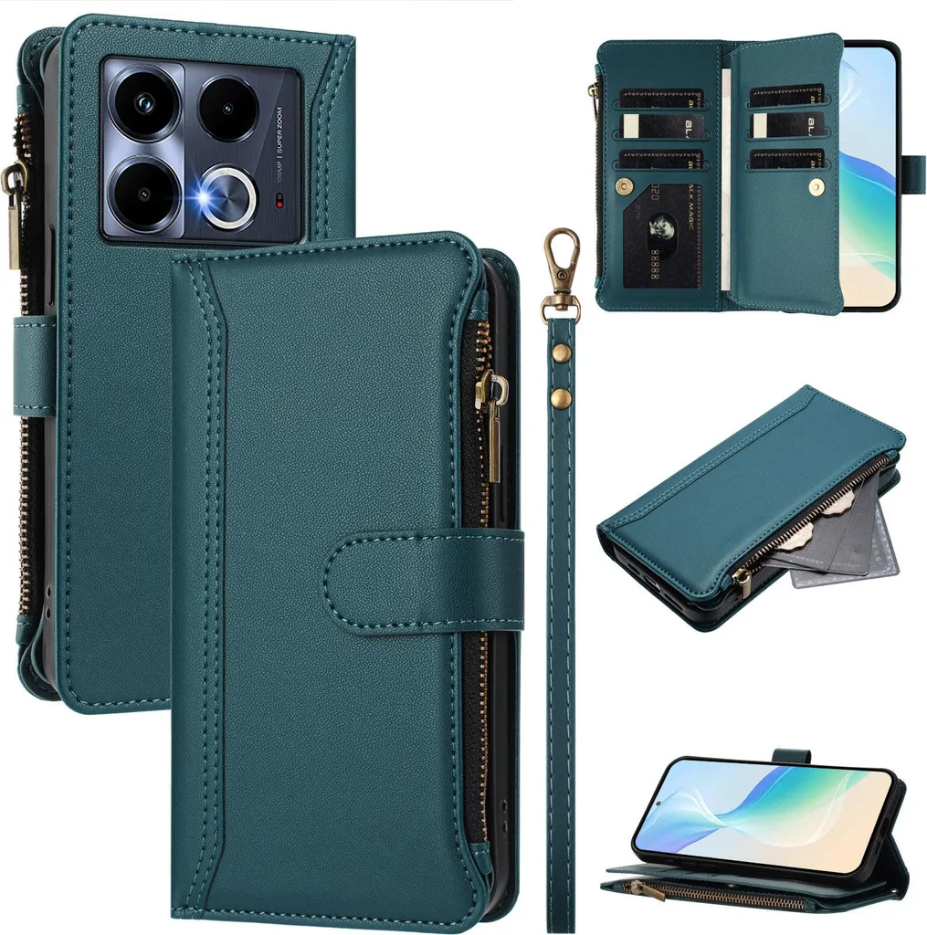 Custodia Tutto-in-Uno Infinix Note 40 4G Verde con Laccetto e Zip