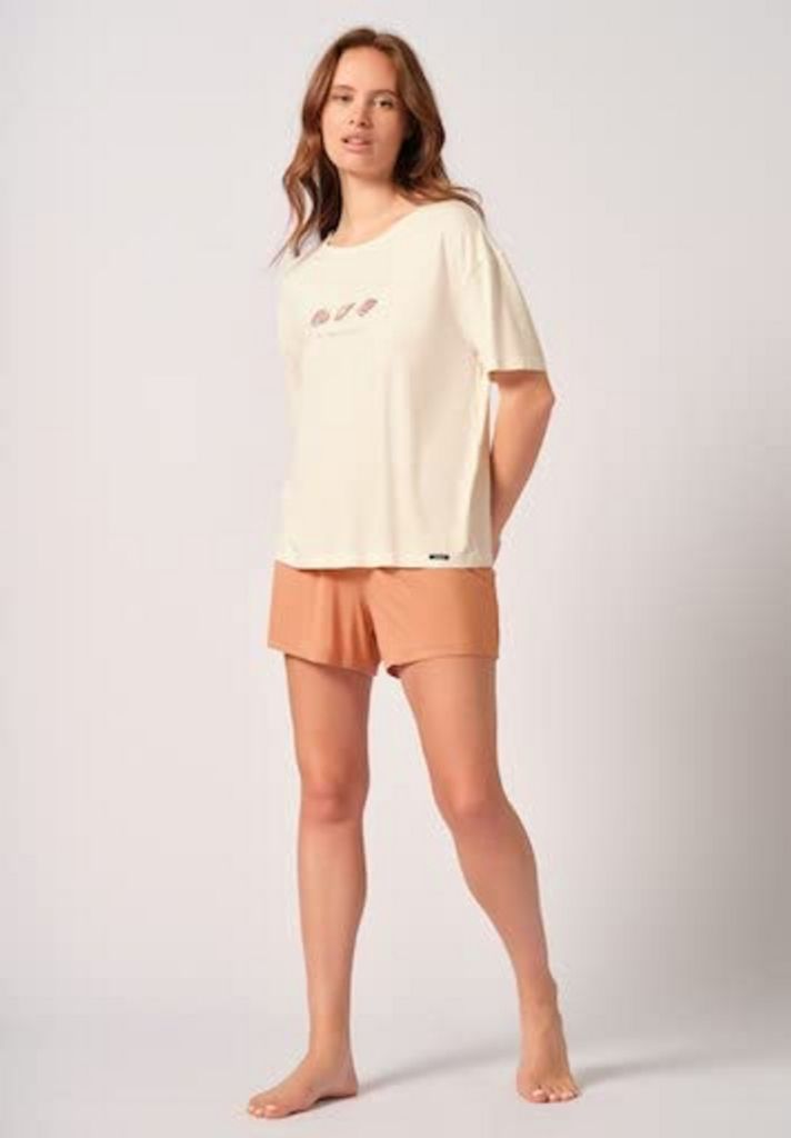 Skiny Damen Pyjama kurz Every Night Viskosemix Egret Creme Sea Shell Fossils