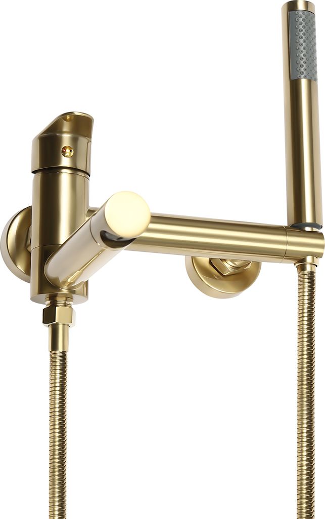 A gold-colored bathtub faucet with a handheld showerhead, mounted on a white background.
