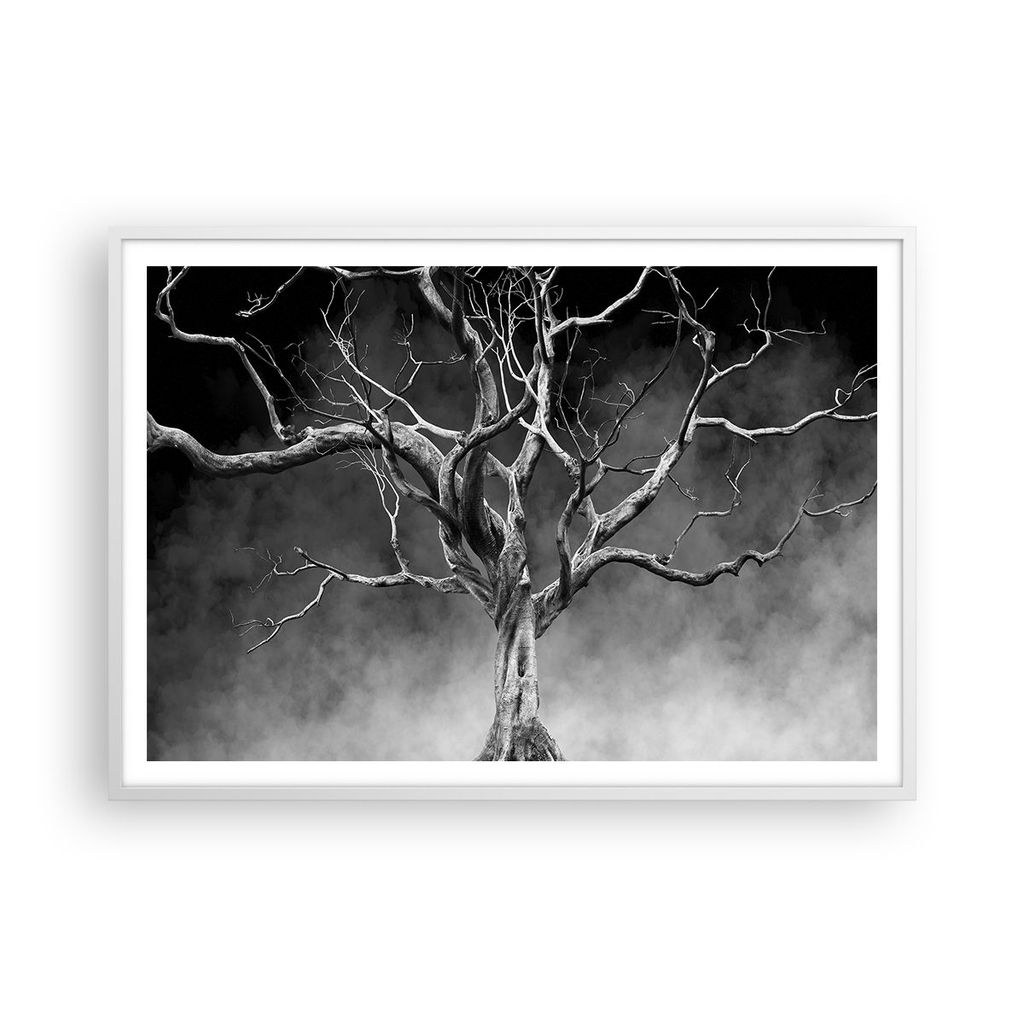 Gerahmtes Poster - Weißer Rahmen - Schwarzweiß Äste Rauch - 100x70 cm - Wand Bild - Wanddeko - Wandbilder - Kunstposter - Wandposter - Bilderrah...
