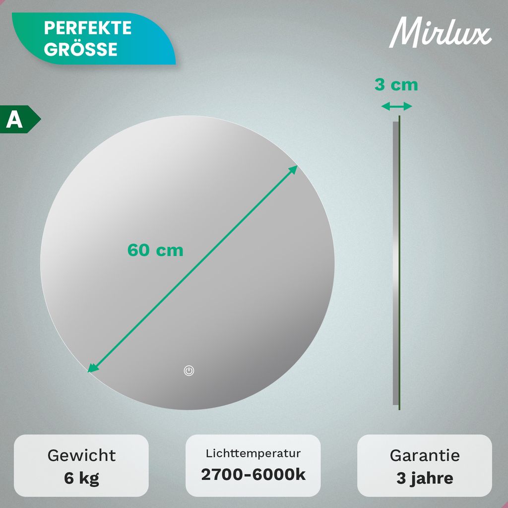 Mirlux Badezimmerspiegel mit Beleuchtung & Heizung - Produktbild 4