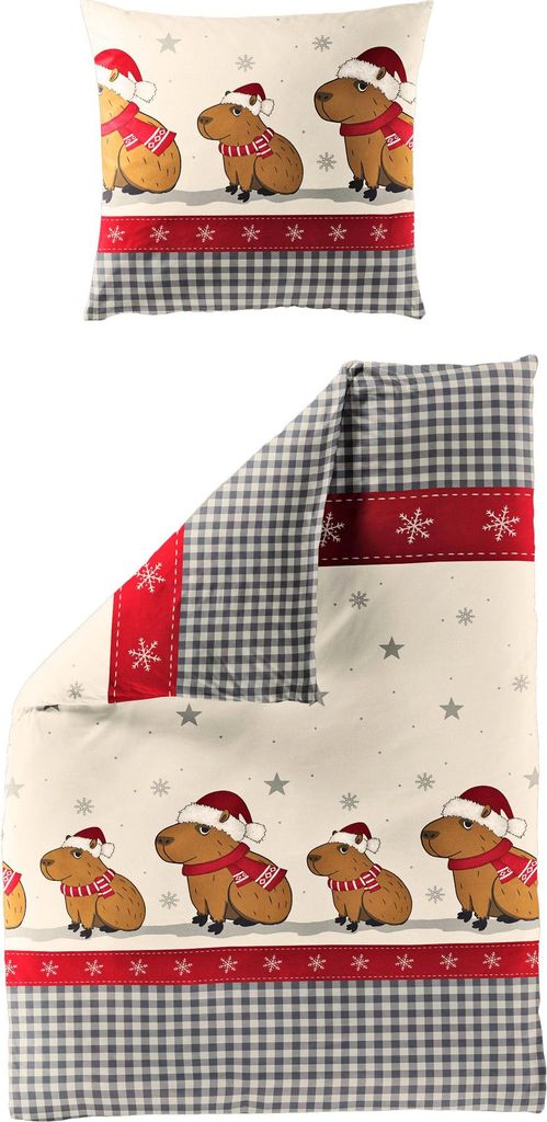 JACK by Bierbaum Biber Bettwäsche 2 tlg. 135x200cm Capybara Sterne Karo Weihnachten Rot Creme