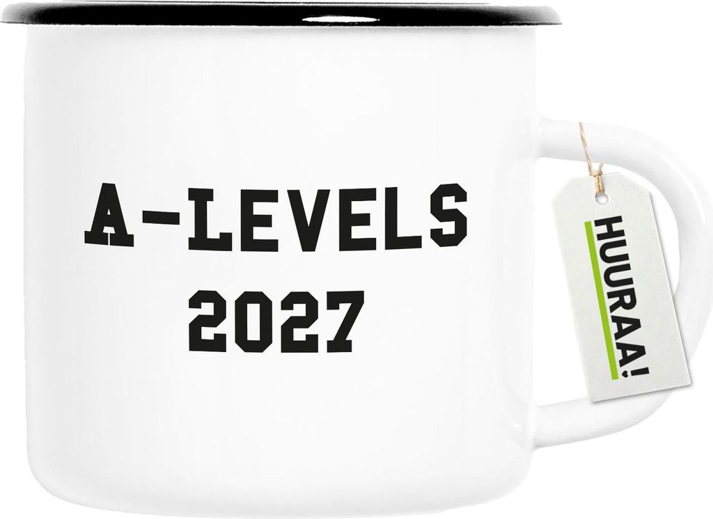 Huuraa Emaille Tasse A-Levels 2027 Abschluss Großbritannien 300ml Vintage Campingbecher Geschenkidee