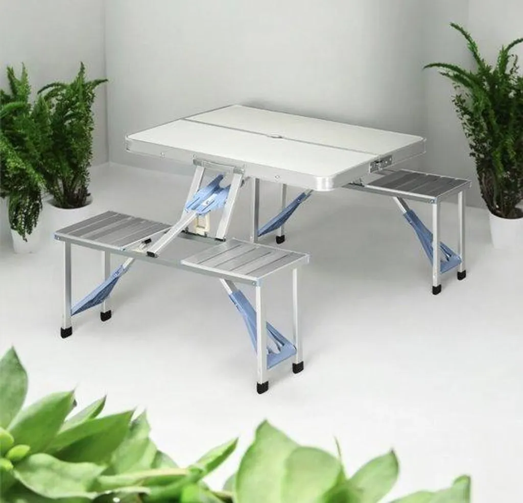 Table de camping pliante en aluminium avec 4 sièges intégrés Argent