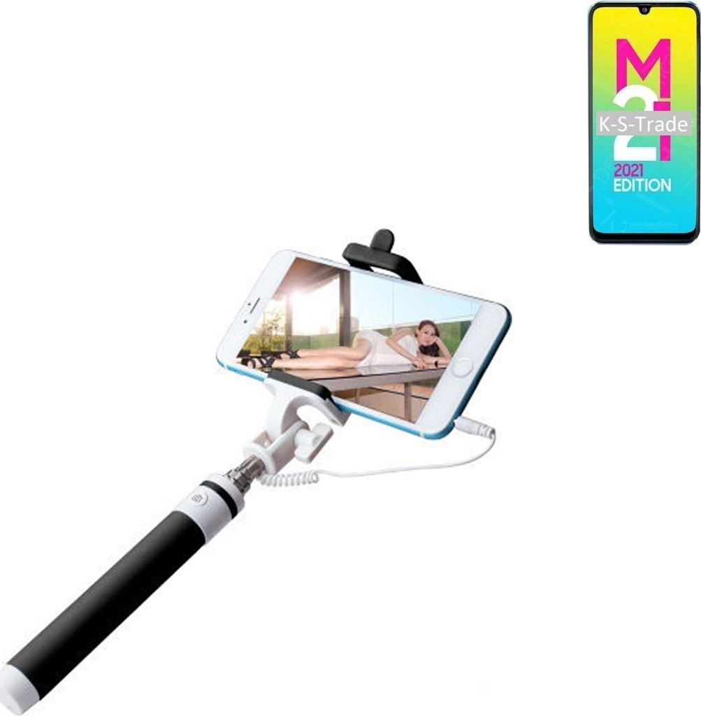K-S-Trade Selfie Stick kompatibel mit Samsung Galaxy M21 2021 Selfiestick kabelgebunden Monopod mit Kabel Stab Stange Selfportrait Handheldstick