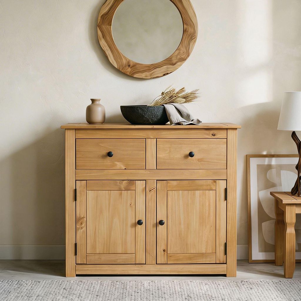 Kommode CANCUN im Landhaus Stil aus Kiefer massiv, moderne Anrichte mit 2 Schubladen und Türen, Sideboard mit gebeizter gewachster Oberfläche