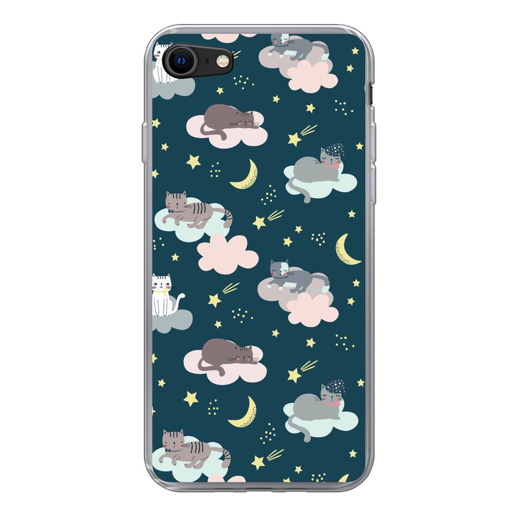 MuchoWow Handyhülle Schutzhülle Hülle für iPhone SE 2022 Muster - Katze - Mond - Jungen - Mädchen - Kinder - Kind Silikon Softcase Handy Hü...