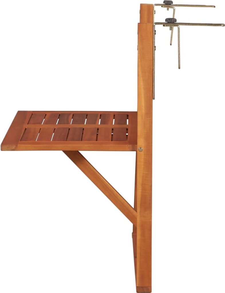 A side view of a wooden balcony hanging table against a white background.