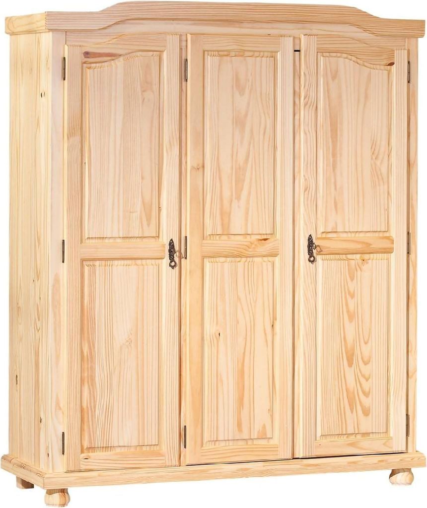 Kleiderschrank mit drei Flügeltüren in Kiefer massiv, Farbe Eiche, 150 x 180 x 56 cm.