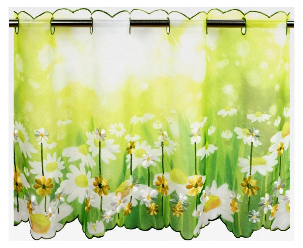Scheibengardine Sommerwiese für die Küche, grüne Bistrogardine, moderne und halbtransparente Gardine für Frühling und Sommer, 45x85 cm