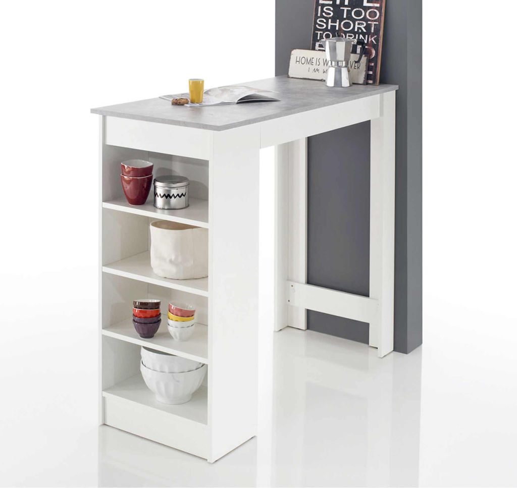 Bartisch Stehtisch MOJITO Weiß Platte Beton Optik mit seitlichem Regal