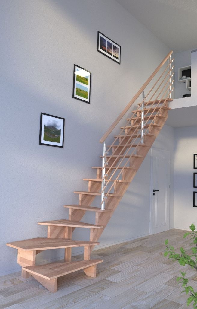 Holztreppe Lindos (Buche) in 1/4 gewendelter Ausführung recht-100 cm-Design Geländer Holzrundstäbe-ohne Setzstufen