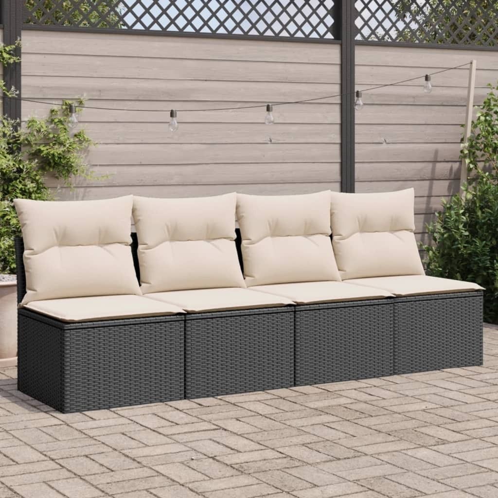 Design Gartensofa mit Kissen 4-Sitzer Schwarz Poly Rattan, Gartensofas 2024 Neu