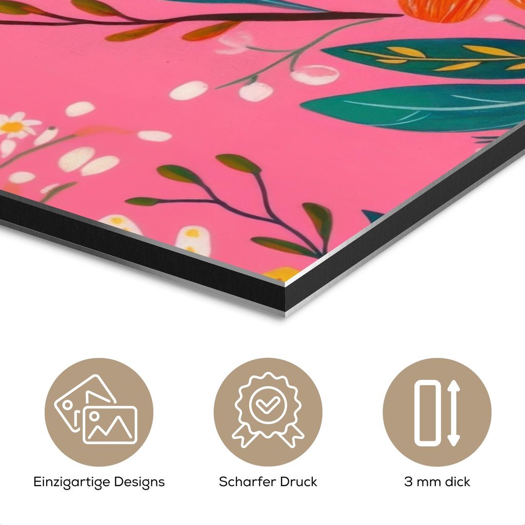 MuchoWow Wanddekoration Metall Metallbild Wandkunst 40x30 cm Rosa - Blumen - Weiß - Orange MuchoWow Aluminium Gemälde - Dekoration Wohnzimmer