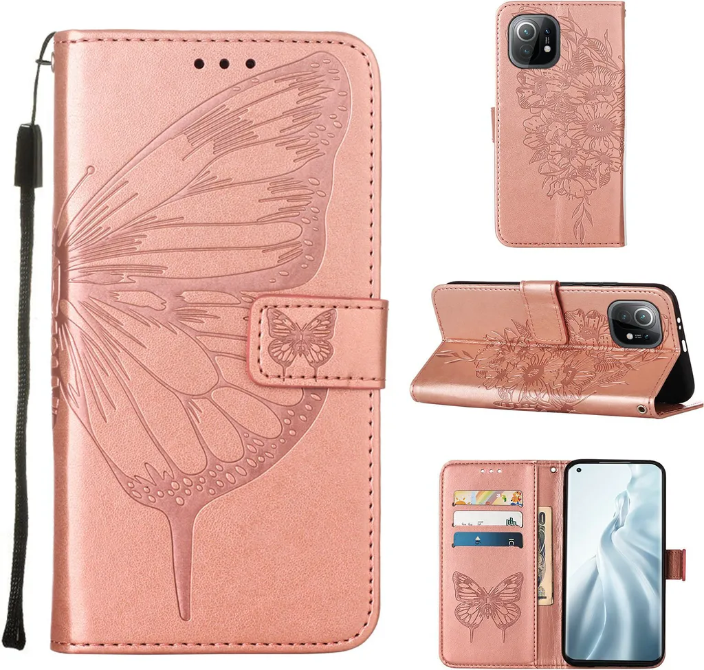 Custodia Xiaomi Mi 11 Farfalla Oro Rosa | Cover Portafoglio in Pelle