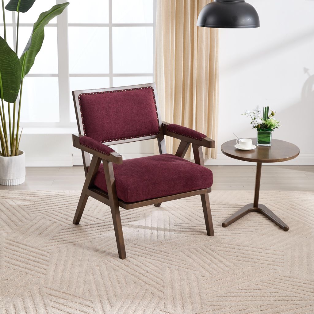 LVHOM Polsterstuhl Vintage mit Leinenbezug und Holzrahmen, Esszimmerstuhl Sessel Armlehnstuhl Mid-Century Stil, 66,5x 88x66cm, Belastbar 250kg, Rot