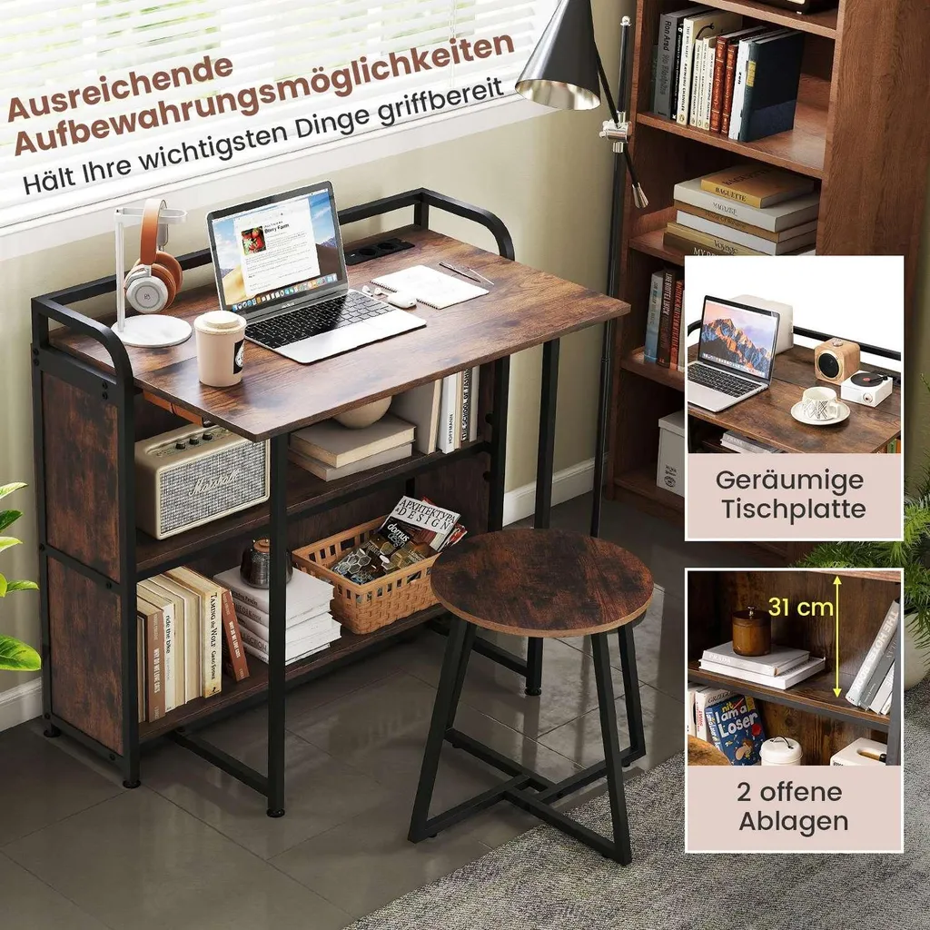 Bureau compact pliable pour petit espace avec tabouret et rangements