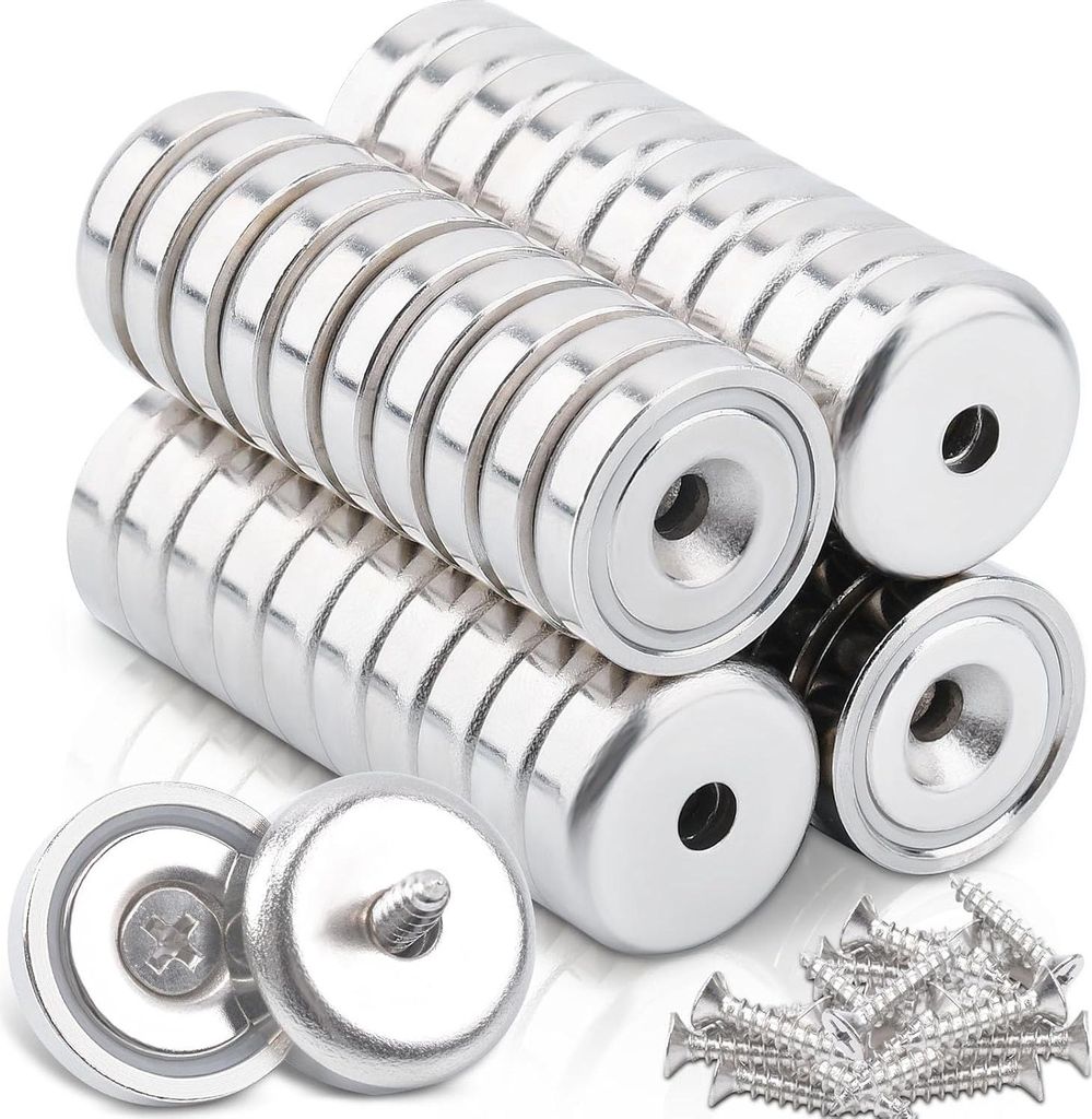 Pack von 40 Neodymium Magneten Extra Stark - Magnetische Kraft 10 kg - 20 x 7 mm - mit Loch und Kapsel - Versenktes Haupt - Inklusive Schrauben und...