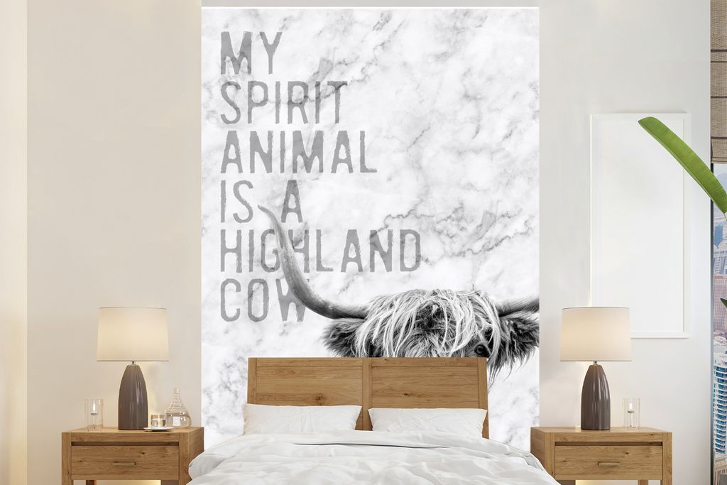 MuchoWow Fototapete für Wohnzimmer oder Schlafzimmer Wandtapete Vinyl Motivtapete Schottischer Highlander - Marmor - Zitat - 180x280 cm - Wallpaper