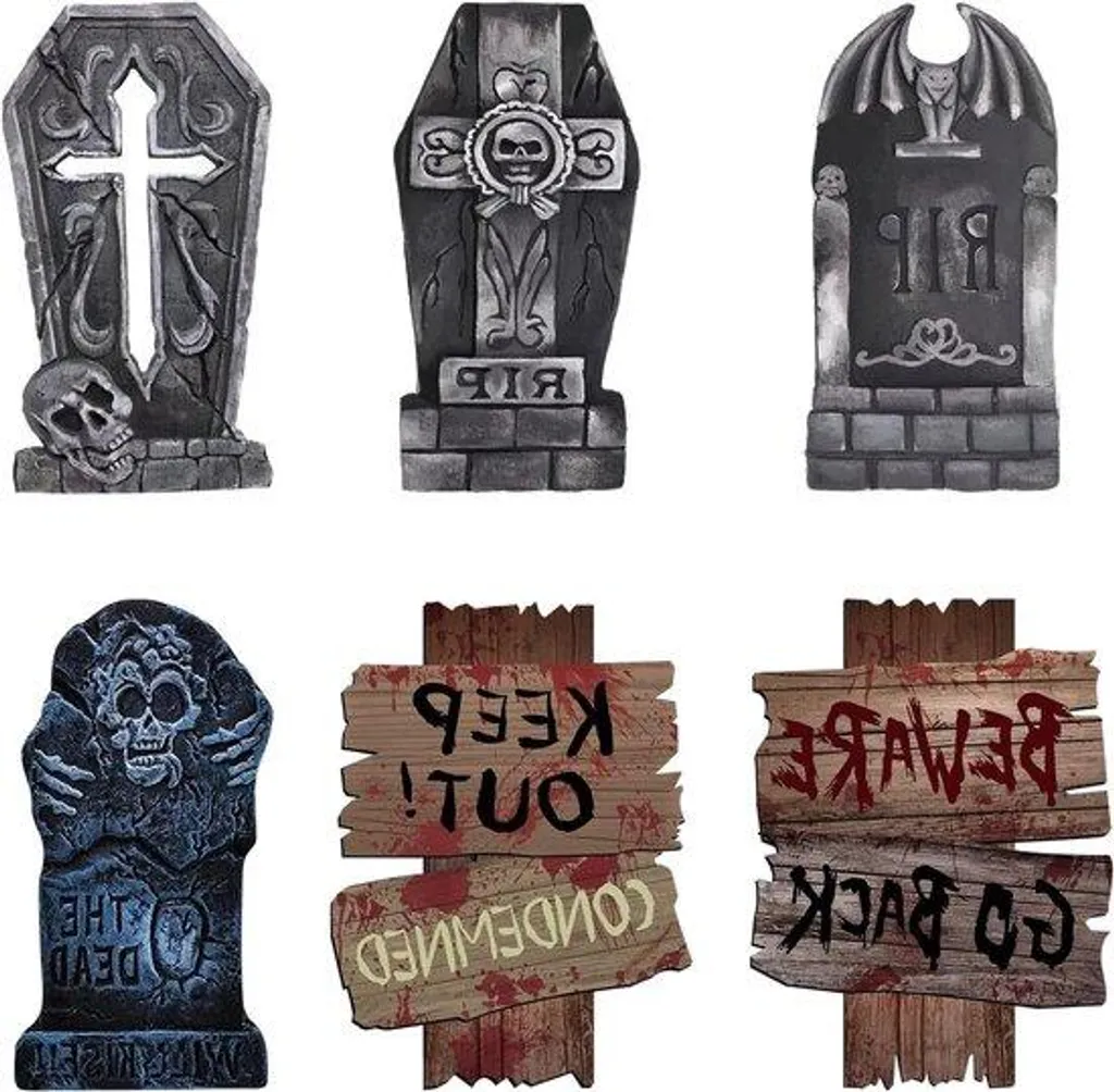 Ambiance Cimetière Halloween Facile : 6 Pierres Tombales avec Piquets