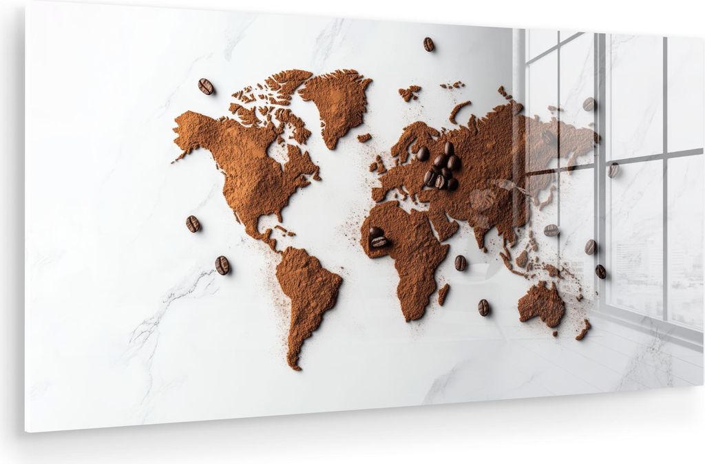 MuchoWow Glasbilder - Bilder auf Wandbild - Foto auf Glas Weltkarte - Kaffee - Marmor 120x60 cm Wanddekoration aus Glas - Acrylglasbild - Acrylbild...