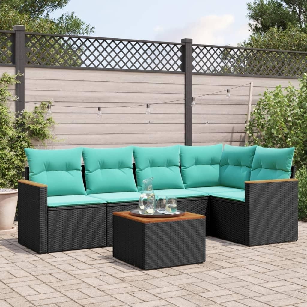 Möbel 6-teiliges Gartensofa-Set mit Kissen, schwarzes Polyrattan - Gartenmöbelgarnituren CC4683