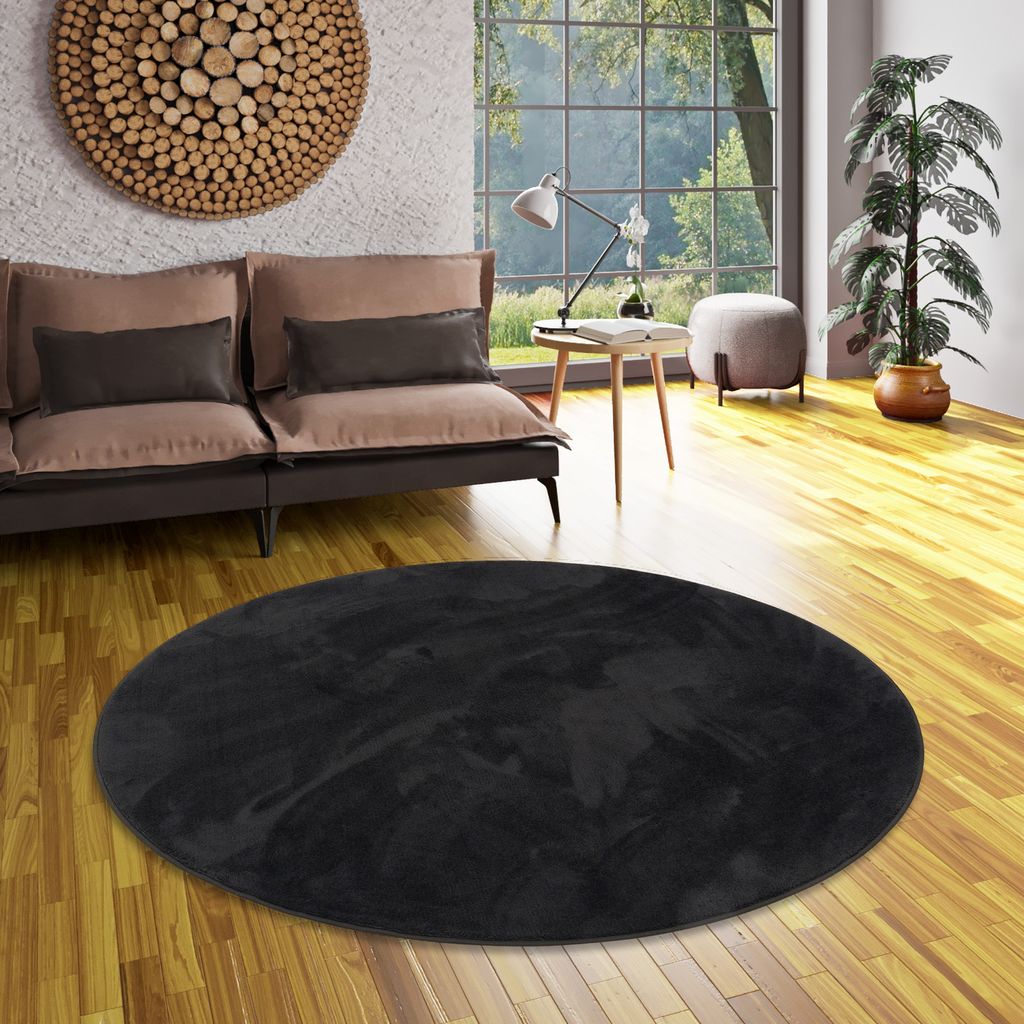 Luxus Super Soft Hochflor Langflor Teppich Deluxe Schwarz Rund, Größe:160 cm Rund