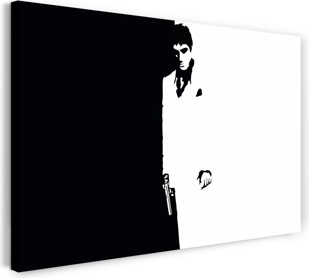 Leinwandbild (80x60cm): Filmplakat Filmmotiv Scarface Tony Montana Hintergrund schwarz-weiß, echter Holz-Keilrahmen inkl. Aufhänger, handgefertig...