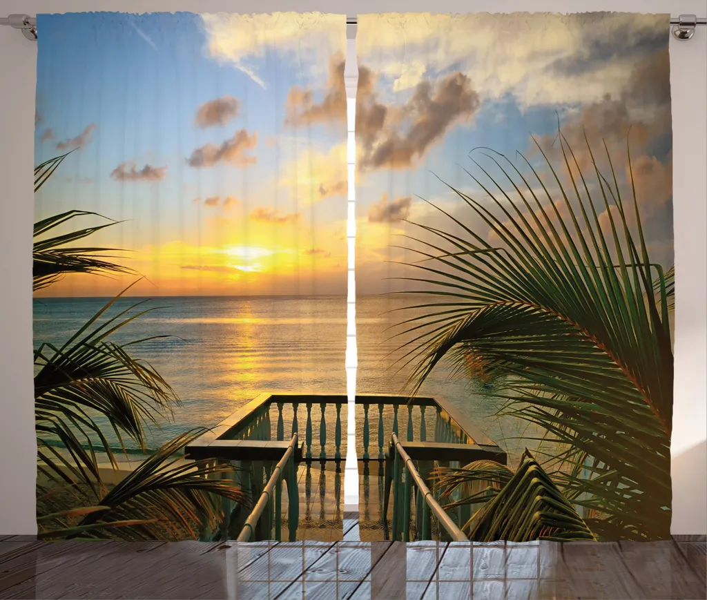Rideaux de Salon Imprimés Paysage Exotique Multicolore avec Attaches 280cm