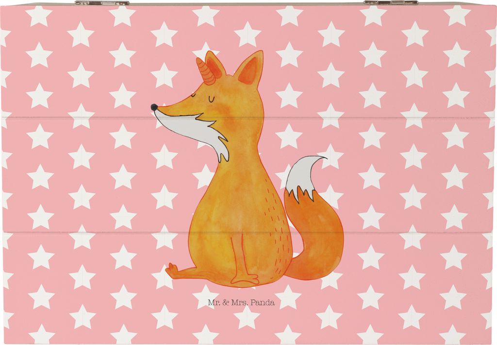 Mr. & Mrs. Panda Truhe Einhorn Fuchs 22 x 15 cm - Rot Pastell - Geschenk, fotobox, Holzkiste, Unicorn, Einhörner, Schatzkiste, Box, Füchse, Fuchs...