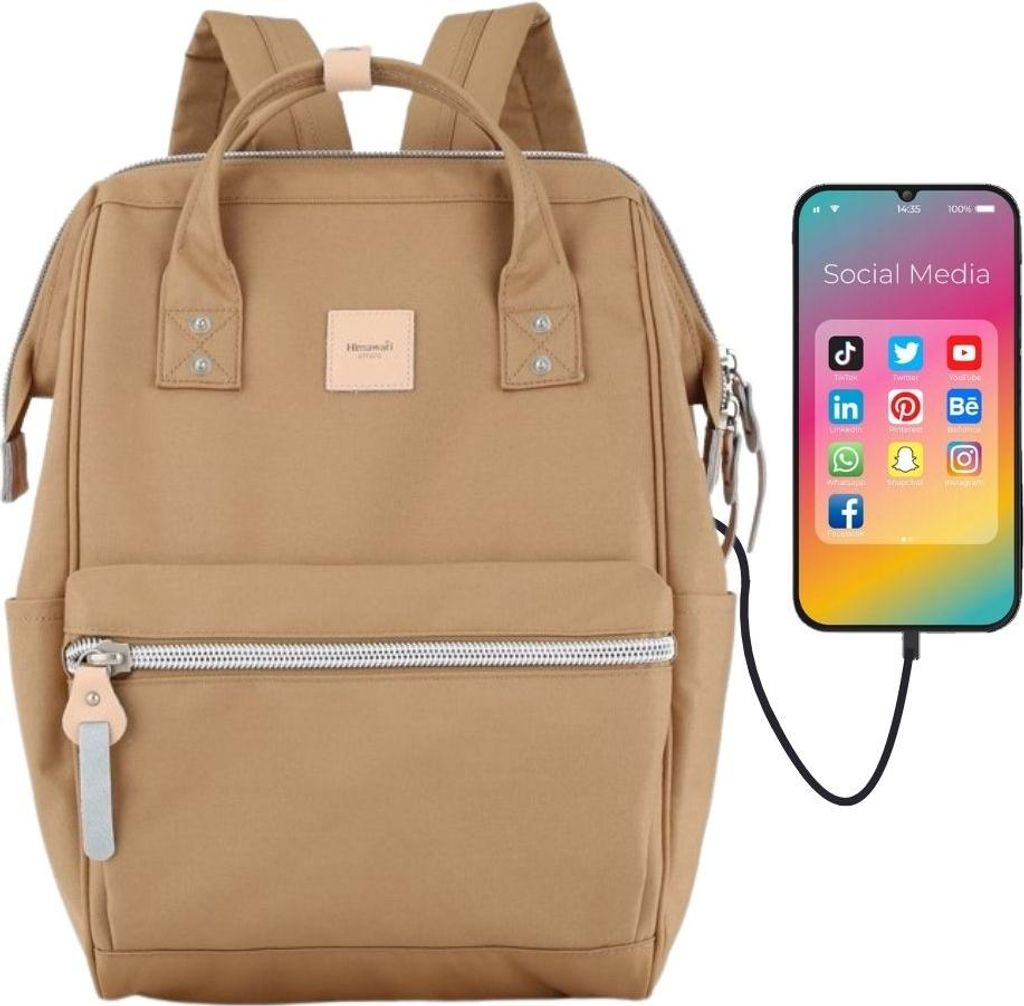 Himawari | City-Rucksack, für Frauen, mit Taschen und USB-Anschluss, Braun, 27x40x17 cm