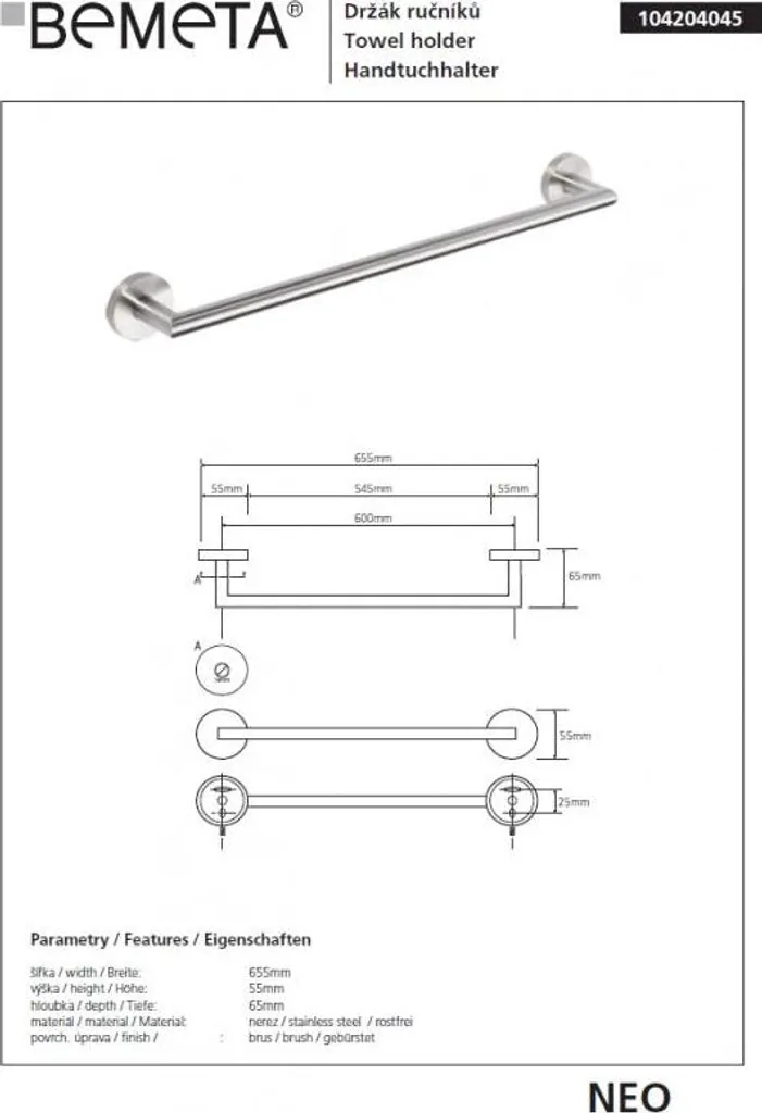 Porte-serviettes inox 65cm NEO finition brossée haute qualité durable