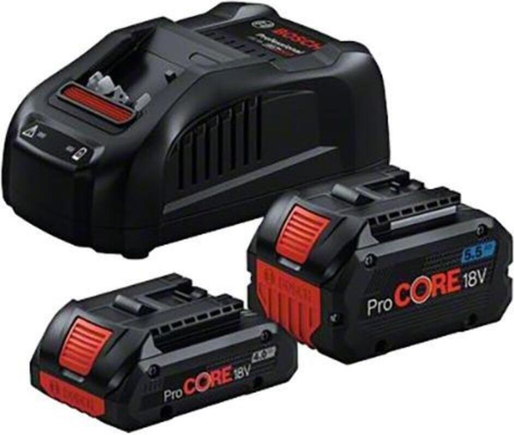 A Bosch battery charger and two Bosch ProCORE 18V batteries are displayed on a white background.