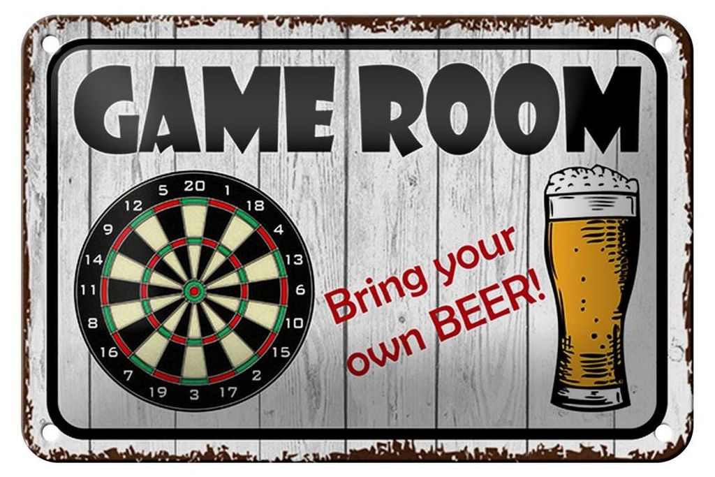 Blechschild Spruch 18x12cm Dart game room bring your Beer