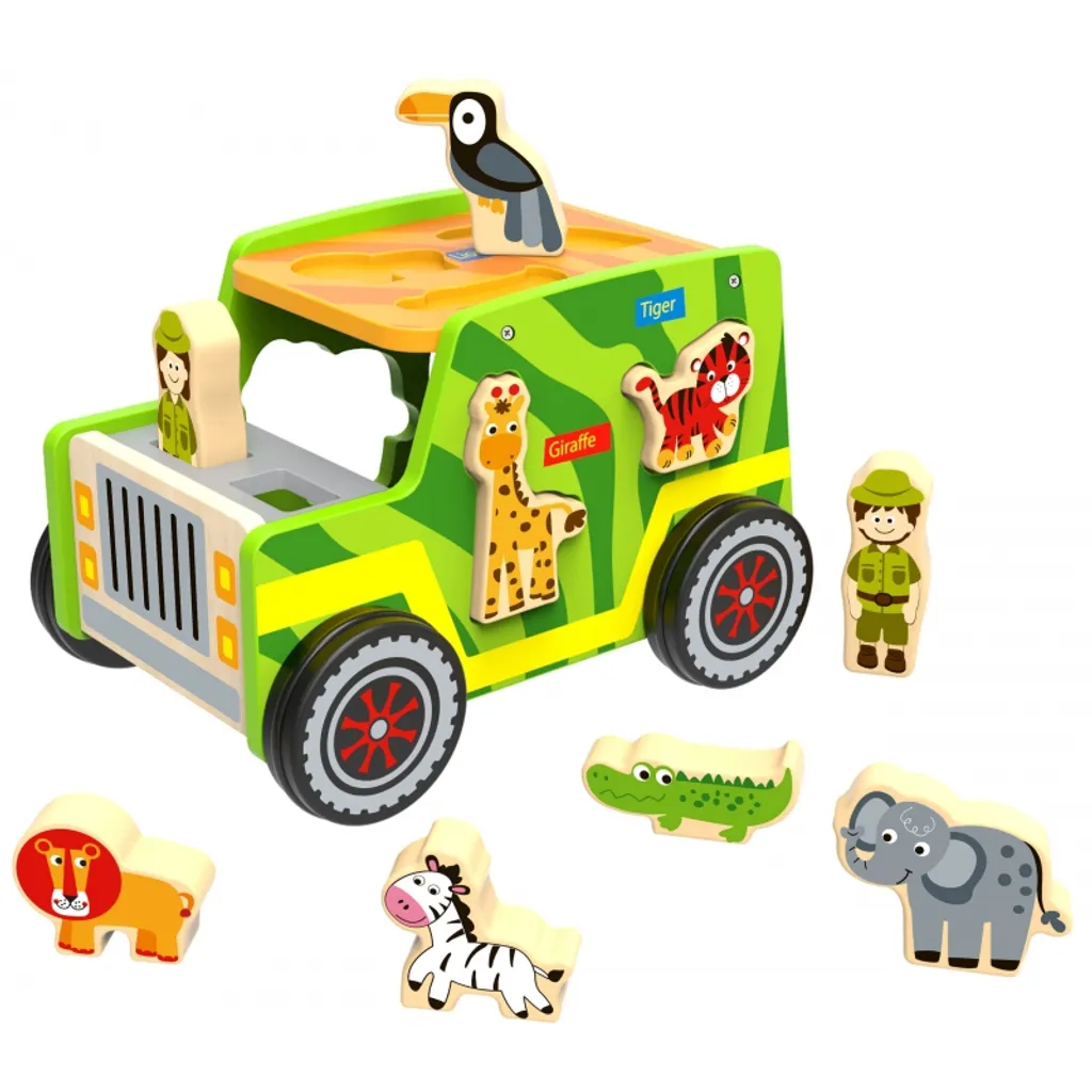 Voiture Safari en bois écologique avec trieur de blocs et animaux sauvages