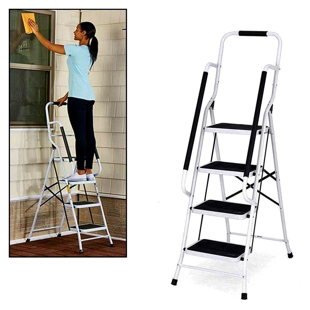 Trittleiter 4 Stufen mit handlauf und Rutschfester Stufen, Stahl Stehleiter Haushaltsleiter Klapptritt Leiter, Ideal für Zuhause/Küche/Garage, be...