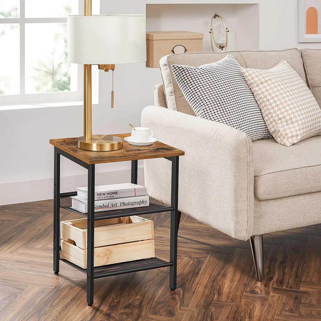 Table d'appoint rustique Brad 40x40 lot de 2 avec double étagère bois