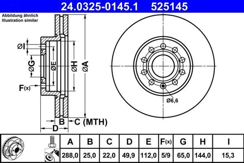 Disque de frein ATE ventilé pour VAG 1K0615301T - Golf Sportsvan/Jetta