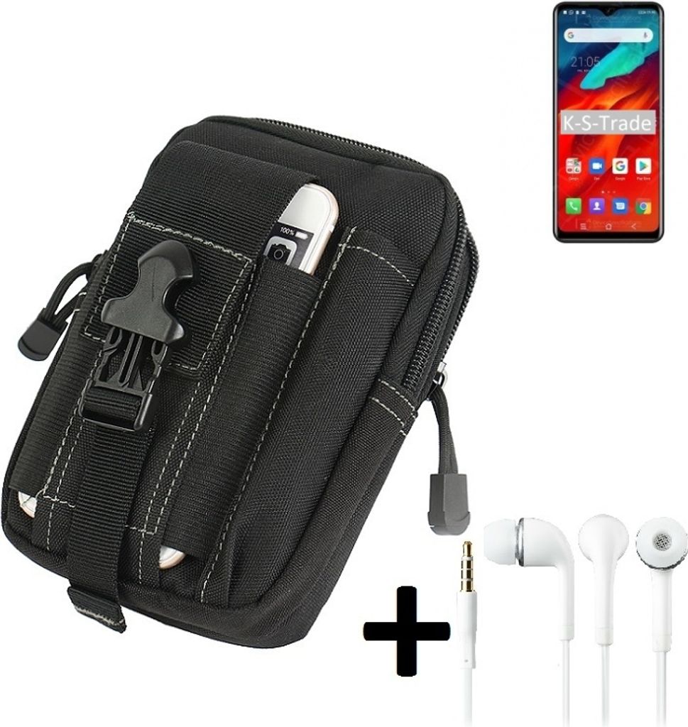 K-S-Trade Gürteltache + Kopfhörer kompatibel mit Blackview A80 Pro Gürtel Tasche Holster Schutz Hülle Handy Hülle schwarz inkl. Extrafächer