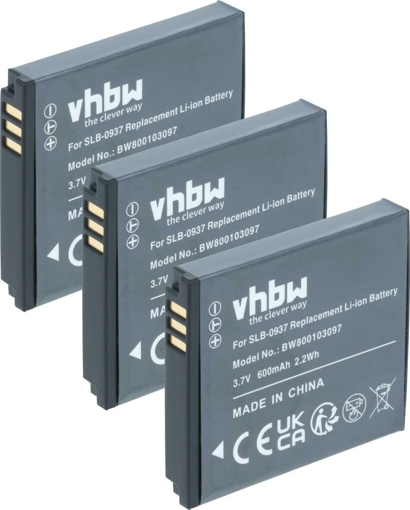 vhbw 3x Akku kompatibel mit Samsung Digimax PL10, NV4, L830, i8, CL5, L730, ST10, NV33 Kamera (600 mAh, 3,7 V, Li-Ion)
