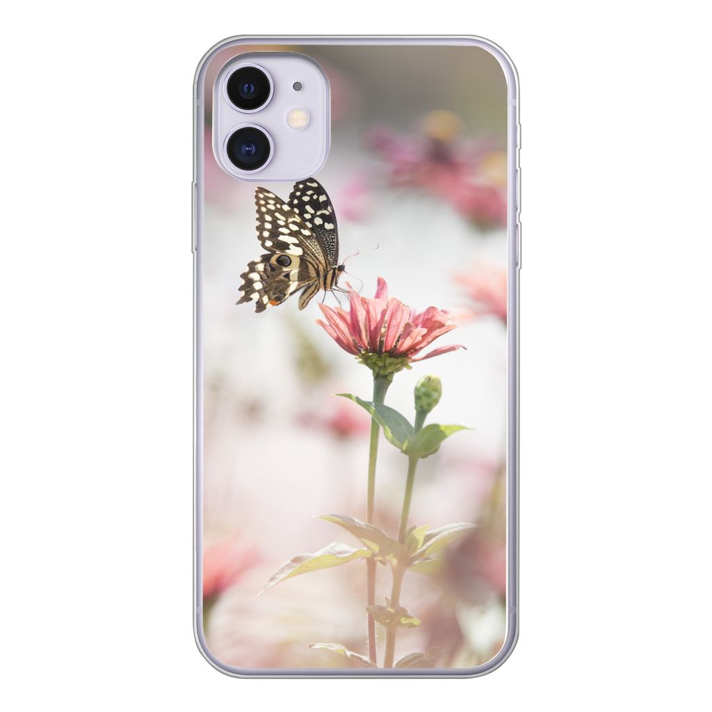 MuchoWow Handyhülle Schutzhülle Hülle für iPhone 11 Schmetterling - Blume - Rosa Silikon Softcase Handy Hülle - Handytasche