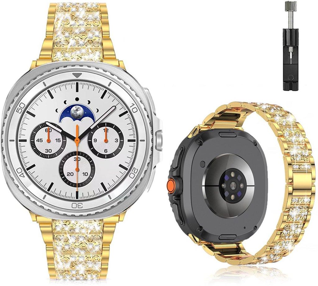 FFO2World Luxus Metallarmband für Samsung Galaxy Watch 8/8 Classic – Edelstahl mit Strasssteinen, inkl. Kürzungsset – Gold